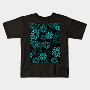 Neon Floral Cyan on Black Kids T-Shirt